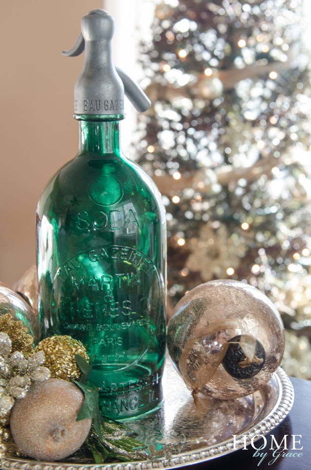 vintage seltzer bottle, christmas tree, mercury glass, antique silver tray