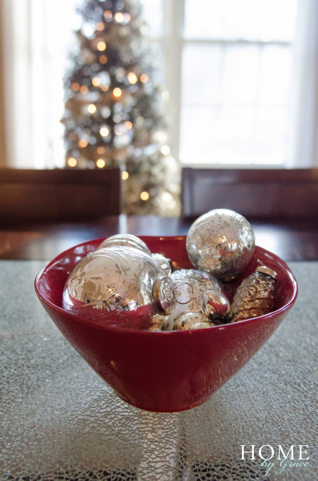 crate & barrel red marin bowl with mercury glass ornaments