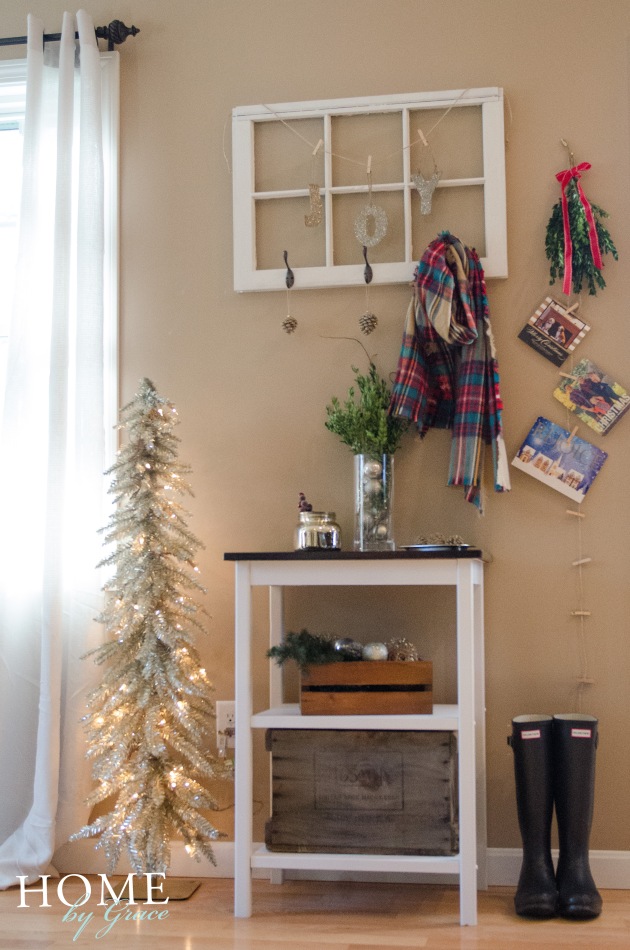 diy christmas card display, target plaid merona scarf, boxwood, vintage window, hobby lobby champagne pencil tree, wood crate